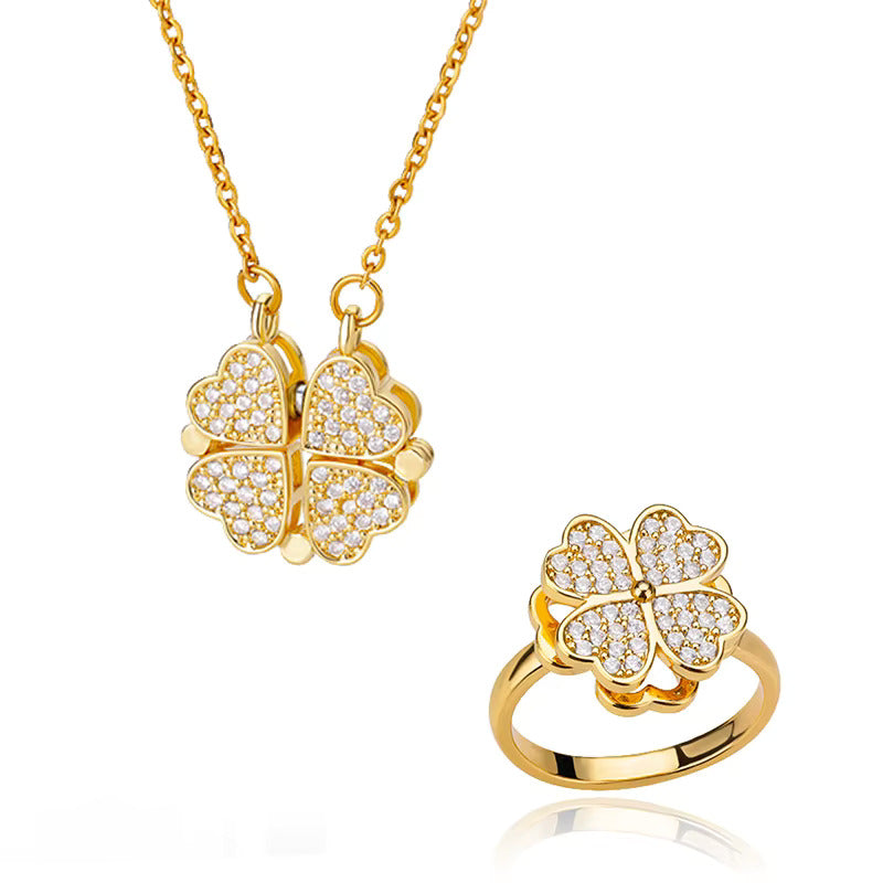 Four-Leaf Heart Clover Magnetic Pendant Necklace & Ring Set