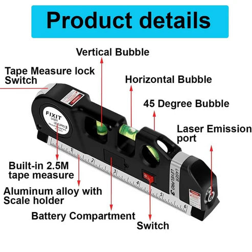 Laser Level Multipurpose Line Laser Leveler Tool With 8FT 2.5M Standard Measure Tape and Metric Rulers