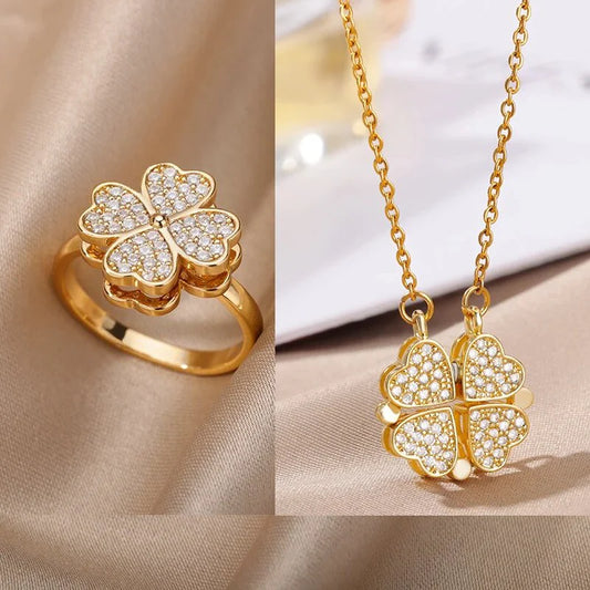 Four-Leaf Heart Clover Magnetic Pendant Necklace & Ring Set