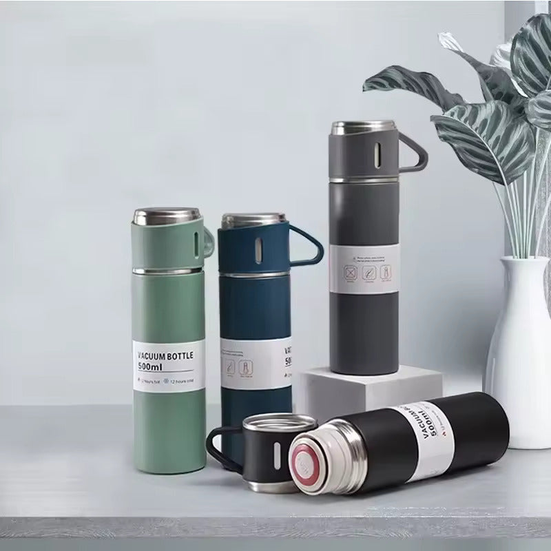 Vacuum Flask Set - 500 ML Hot & Cold Thermos Water Bottle With 3 Cup