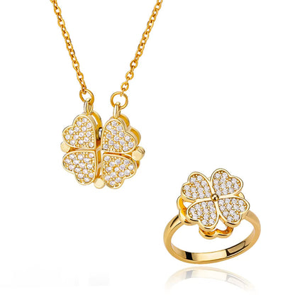 Four-Leaf Heart Clover Magnetic Pendant Necklace & Ring Set