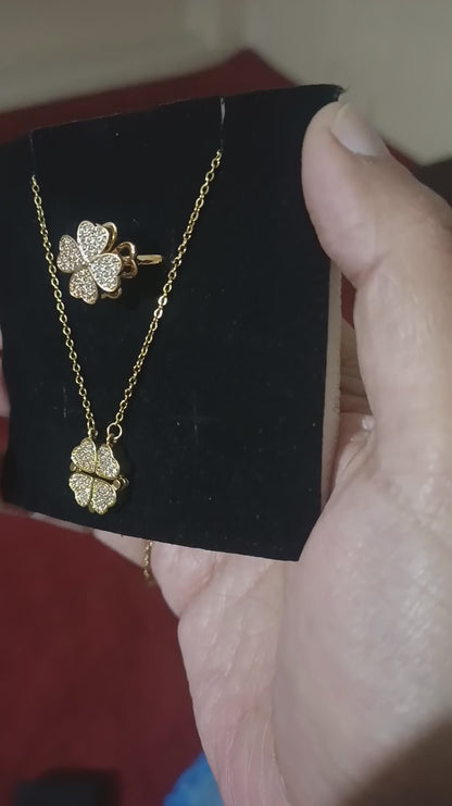 Four-Leaf Heart Clover Magnetic Pendant Necklace & Ring Set